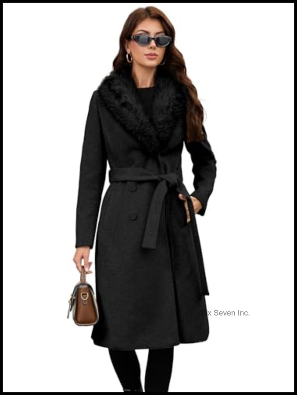 Wool Blend Double-Breasted Belted Trench Coat Detachable Faux Fur Collar